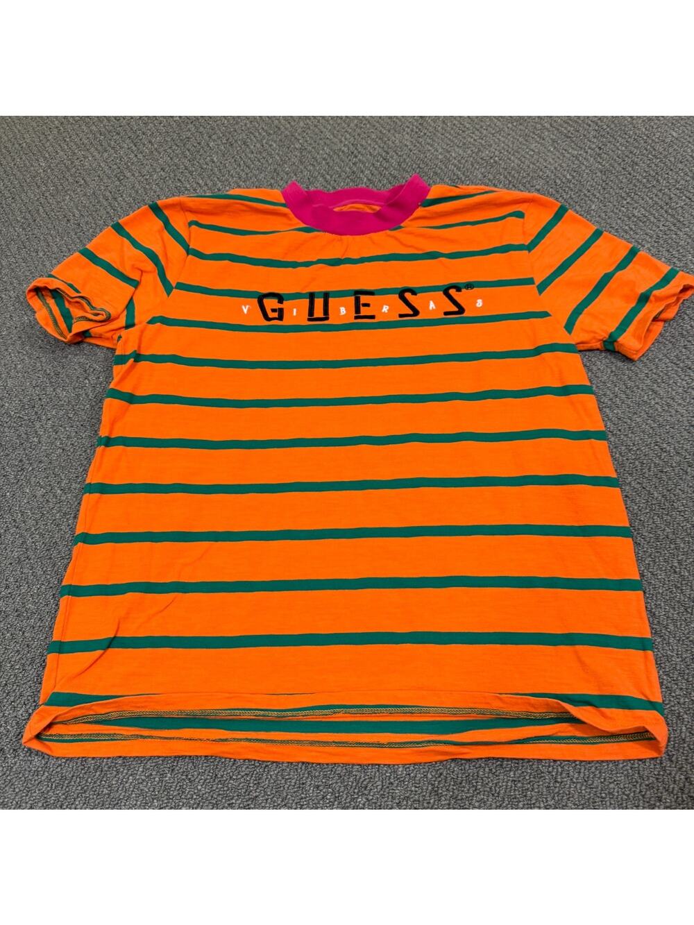 Guess Originals Shirt Mens Medium M Orange Striped Logo Crewneck Tee 90s